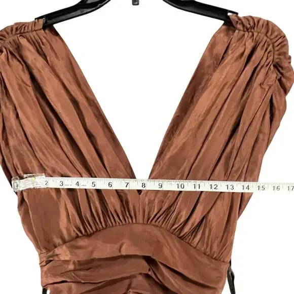 BCBGmaxazria Silk Dress Womens 6 Brown Pleated Sash Fit Flare Midi Greek Goddess - Picture 7 of 15